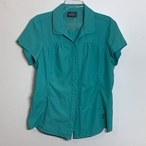 EUC Kathmandu Live The Dream Short Sleeve Button Up Green Blouse Size‎ 14